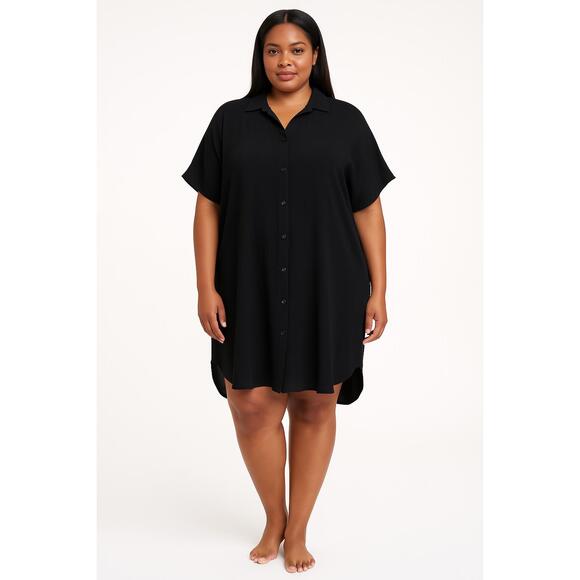 Raisins Dresses & Skirts - Raisins Swim Coverup Womens Size 1X Black Short Sleeve Collared Shirt Dress